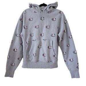 Champion Hoodie Mens S Grey Reverse Weave Kanga Pocket LS AOP Y2K Preppy Casual